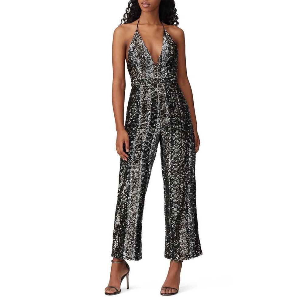 NWT Bardot Women’s Size 12 XL Black Gunmetal Disco Halter Jumpsuit